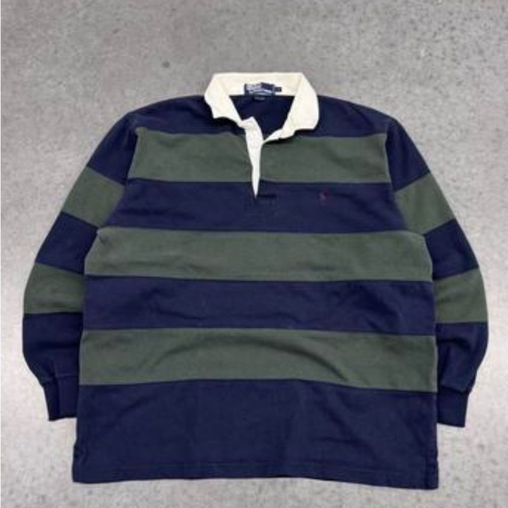 Vintage 90s Ralph Lauren Men's Rugby Shirt - Navy and Olive Stripes